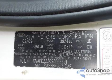 2009 Kia Spectra Ex z USA, uszkodzony, nr VIN KNAFE222095662891